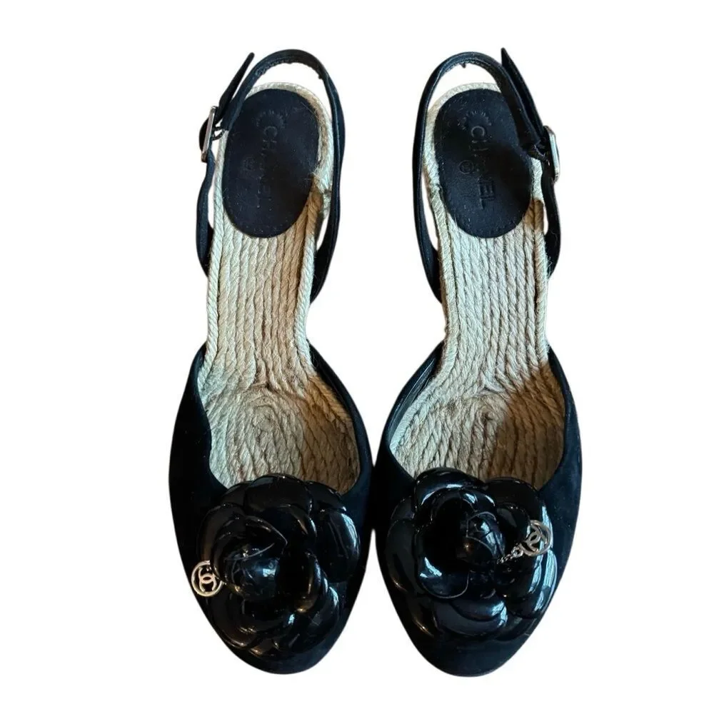 Chanel Authentic Women's Camellia Flower Suede Wedge Espadrilles Size 9.5